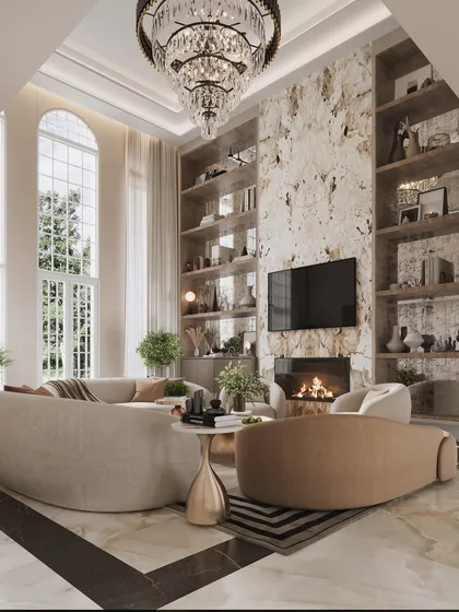 For this formal living room in a London residence, the objective was to visualize a space that felt both grand and intimate. I meticulously simulated the way natural light from the arched, double-height windows would interact with the rich texture of the full-height marble feature wall. The rendering highlights the soft curvature of the bespoke sofas and the warm glow of the fireplace, demonstrating how visualization can prove a design's balance and comfort.