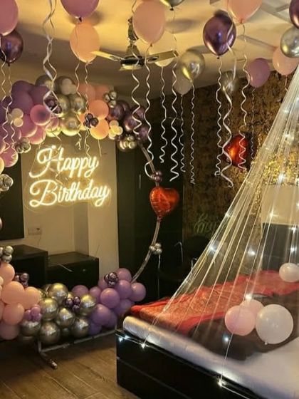 Another angle of the purple and pink romantic birthday room.