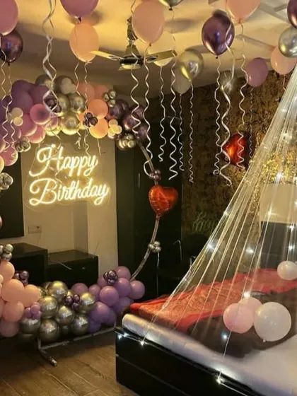 Another angle of the purple and pink romantic birthday room.