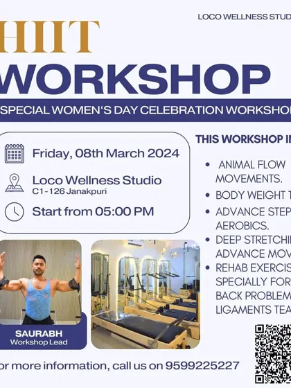 Our HIIT Workshop poster from our special Women's Day celebration. The session included animal flow, bodyweight training, advanced stepper aerobics, and rehab exercises for lower back issues.