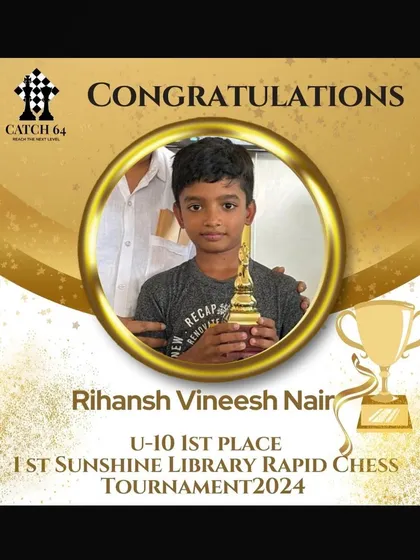 A fantastic win for Rihansh Vineesh Nair, who secured 1st place in the U-10 category at the 1st Sunshine Library Rapid Chess Tournament.
