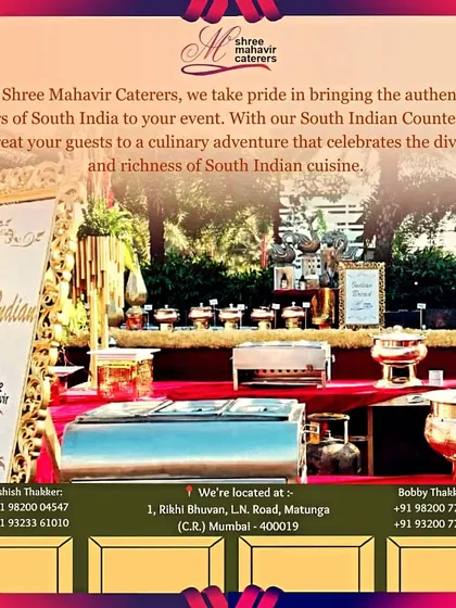 Our South Indian counter is a feast for the eyes and the palate. This setup features an extensive spread of authentic dishes, from idli and vada to various chutneys and sambar, all presented in elegant chafing dishes.