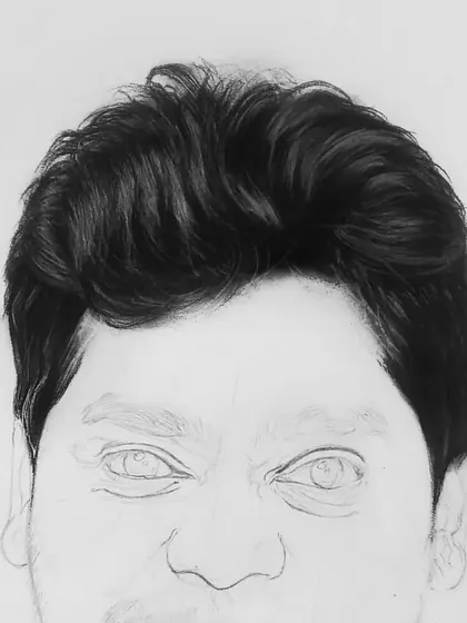 This WIP shot focuses entirely on drawing realistic hair. I started by blocking in the darkest areas and then slowly pulled out individual strands and highlights to create that sense of volume and flow.
