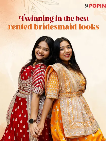 Twinning in the best rented bridesmaid looks. This graphic celebrates friendship and coordinated style.
