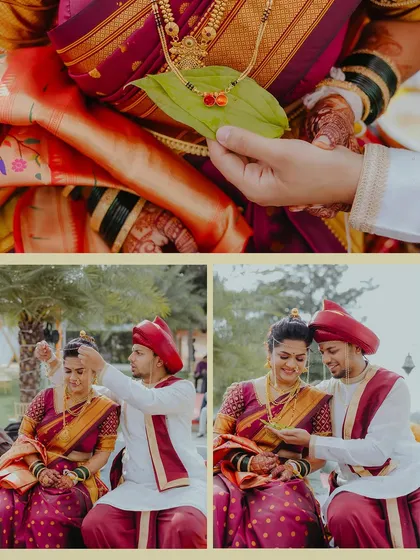 A close-up on the details of the wedding rituals, showing the sacred leaf and the couple's interaction during the ceremony.