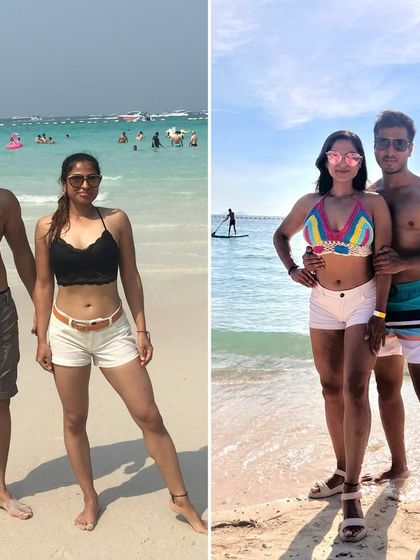 My husband and I in Thailand, 2018 vs 2024. Our fitness journey has been a shared one. We've both grown stronger and healthier together over the years.