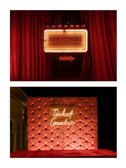 A collage highlighting the key thematic elements of the Sangeet entrance: the "Now Showing" sign and the velvet "Ticket Counter."