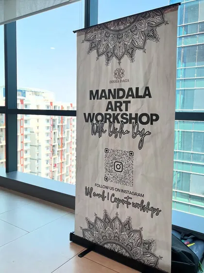 The welcome banner for one of my corporate workshops. I bring the entire creative escape to your office, complete with all the necessary art supplies and guidance.