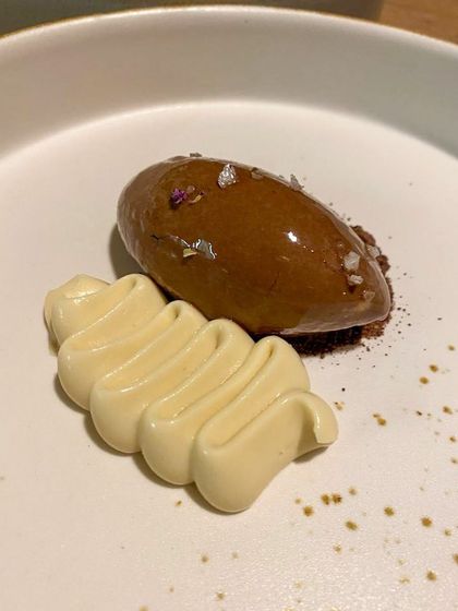 A quenelle of rich chocolate sorbet paired with a white chocolate crémeux. A simple yet elegant dessert focusing on the harmony of two types of chocolate.