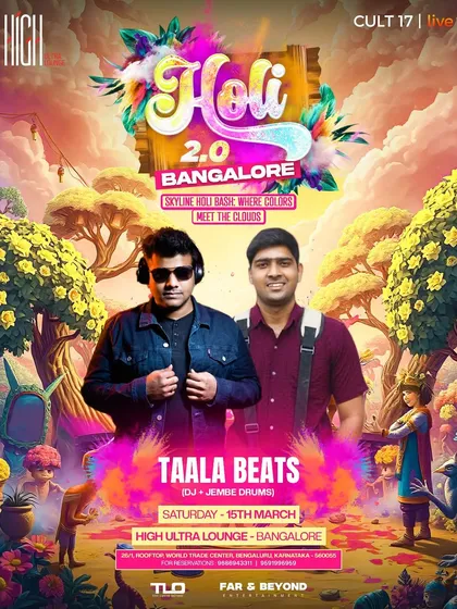 The poster for Taala Beats (DJ + Jembe Drums) at Holi 2.0. We incorporate live instrumentalists with DJs to create a unique and dynamic sonic experience.