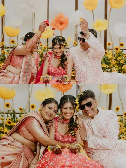 A heartwarming collage of the bride with her parents during the Haldi ceremony. These are the precious family moments, full of laughter and blessings, that make a wedding so special.