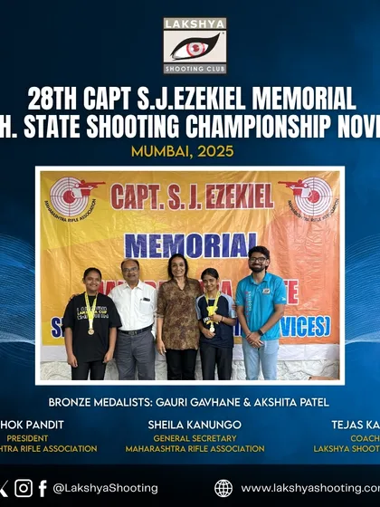 A group photo from the Maharashtra Rifle Association Championship, featuring my bronze medalists Gauri and Akshita with their coach and association officials. This image represents our successful presence in the state's shooting community.
