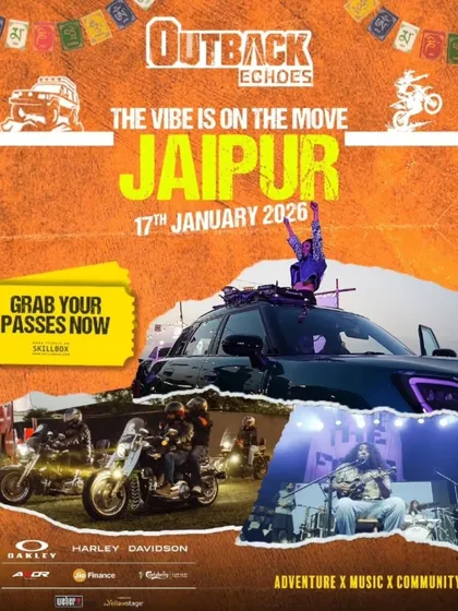 The poster for Outback Echoes in Jaipur, a festival combining adventure, music, and community with a focus on motorbiking culture.