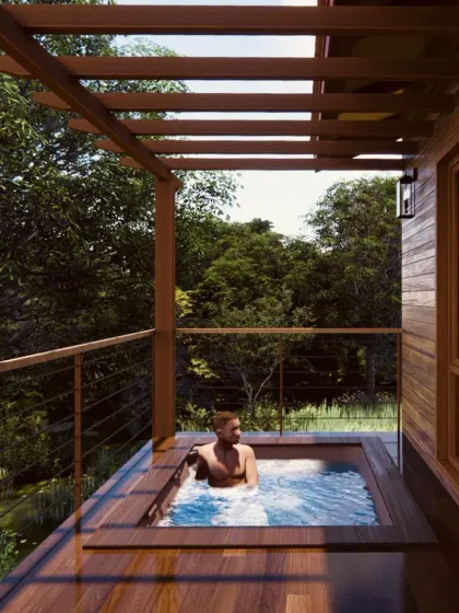 A preview of our upcoming Birwa Forest Resort. This machan-style cottage, crafted from Canadian wood, is elevated 16 feet above the ground. The design offers a private escape among the treetops, complete with its own plunge pool, embodying a unique form of sustainable luxury architecture.