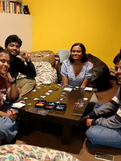 Another fun Saturday meetup featuring 'Project L'. The cozy, library-like setting with floor seating is a favorite for our gaming community.