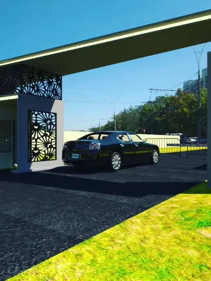 An alternative entrance gate design concept, this render features a cantilevered roof and decorative jaali panels. This approach creates a sleek and modern statement for the entry point of a property.