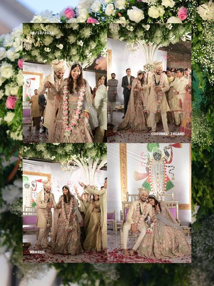 A collage capturing the intimate moments of the wedding ceremony, set against a backdrop of white florals and a traditional Shrinathji painting.