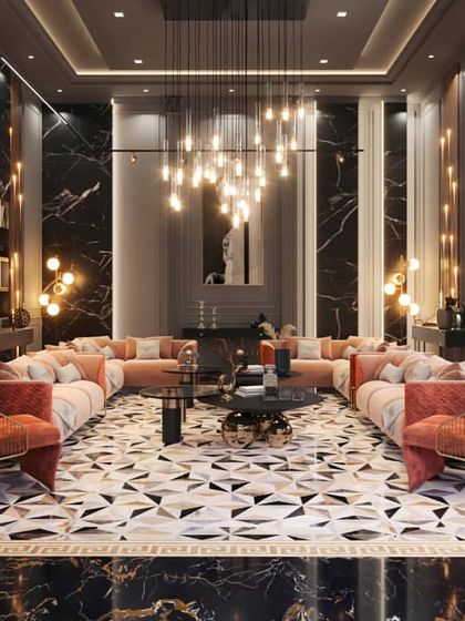 This visualization of a lavish formal living room is defined by its bold use of black marble and geometric patterns. We meticulously rendered the reflective surfaces, intricate floor design, and dramatic lighting to create a scene of pure opulence.
