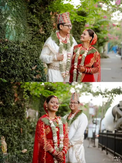 A collage of the couple's post-wedding portraits, walking hand-in-hand and sharing a happy moment.