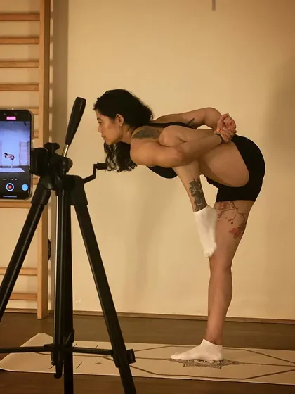 The Flamingo pose is a beautiful practice for body balance, strength, and transformation. It requires focus and a steady mind, which I cultivate in my online yoga classes.