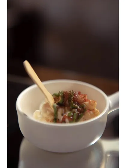 A modern take on a classic: Molecular Dahi Wada. I transform the traditional snack into a light, airy foam, capturing the authentic flavors in a surprising new texture.