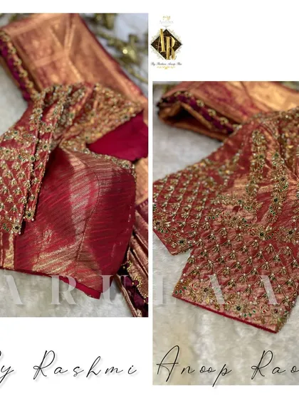 A bespoke bridal blouse in a rich maroon, featuring a heavy jaal of zardosi and beadwork. The intricate pattern covers the entire surface, making it a statement piece for a wedding ceremony.