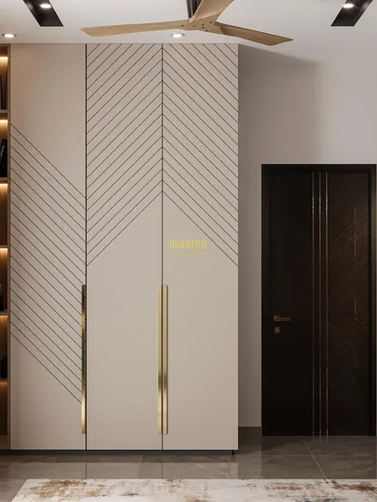 The wardrobe in the ATS Rhapsody guest bedroom render. The design features a unique asymmetrical groove pattern and is attached to a tall, open bookshelf, providing both closed and open storage.