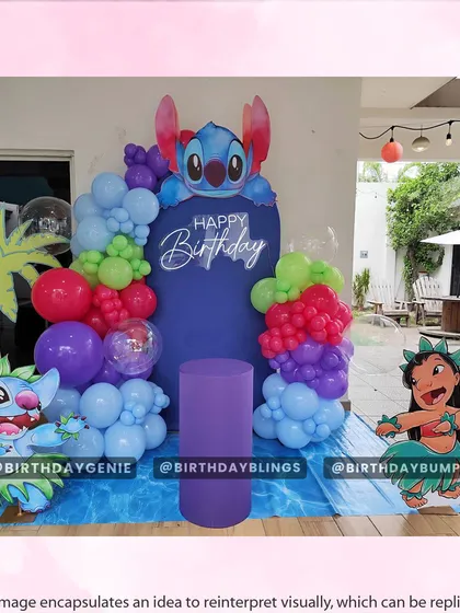 Another Lilo & Stitch design, this one with a darker blue backdrop and cutouts of Lilo and Stitch. The purple plinth is ready for a cake.