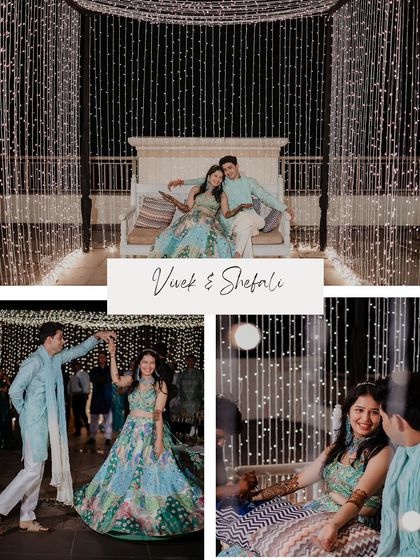 A collage summarizing the beautiful, light-filled Mehendi night, from posed portraits to candid dance moments.