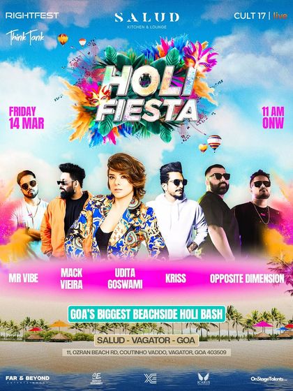 The full lineup poster for the "Holi Fiesta" in Goa, featuring celebrity DJ Udita Goswami. This graphic acts as the main promotional asset for the entire event.