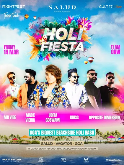 The complete lineup poster for our beachside Holi bash in Goa. This shows the full scale of the musical talent curated for a single event.