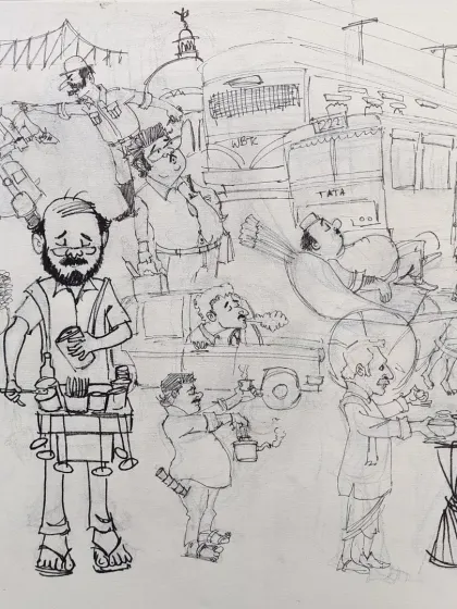This is a close-up of a live sketch I created, capturing the vibrant and chaotic energy of Kolkata. My on-the-spot drawings are filled with details that tell a story, making them a unique piece of entertainment and art.
