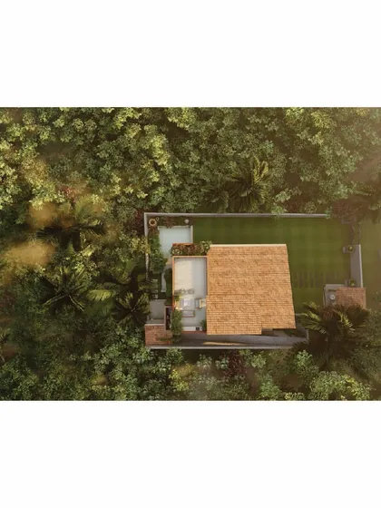 For the Red Haus, our architectural intent was to nestle the home within the lush tropical landscape, not to dominate it. This aerial view shows how the structure integrates with its surroundings, using natural forms and materials to create a harmonious dialogue with nature.