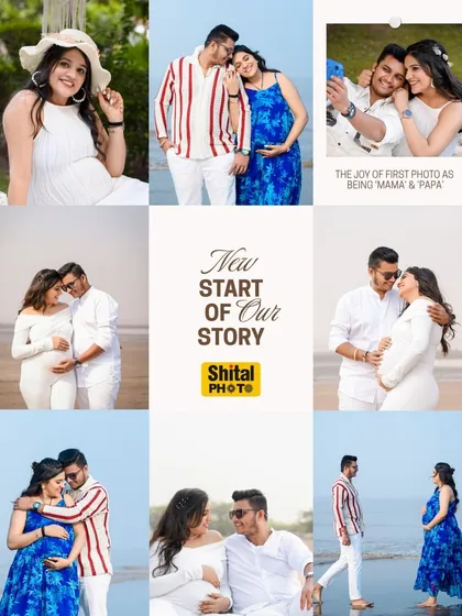 A vibrant collage telling the 'New Start of Our Story'. It captures multiple outfits and moments from a fun and varied beach maternity photoshoot.