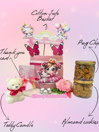Here’s a breakdown of what’s inside our unicorn hamper: a reusable basket, ragi chips, almond cookies, and a teddy candle.
