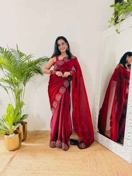 A full look at my deep maroon velvet-finish saree with embroidered borders. It's a rich and elegant choice for winter weddings or festive evening parties.