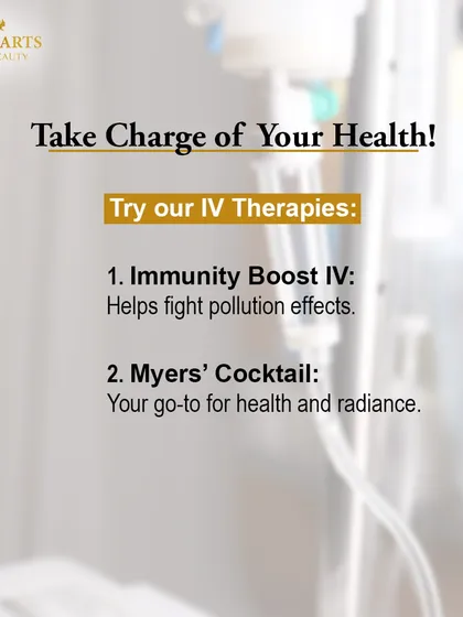 Take charge of your health with my targeted IV therapies. The Immunity Boost IV is specifically formulated to help fight the effects of pollution, while the Myers' Cocktail is your go-to for overall health and radiance.