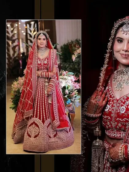 A collage of the bride's portraits, featuring a mix of black and white and color shots that highlight her regal look.