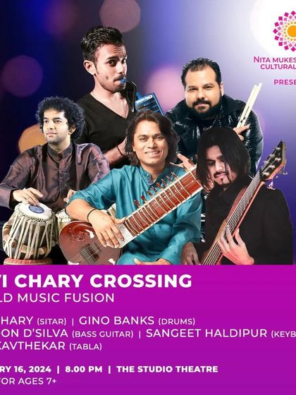 An invitation to our World Music Fusion concert at the Nita Mukesh Ambani Cultural Centre. These posters capture the energy and excitement of a Ravi Chary Crossing show.
