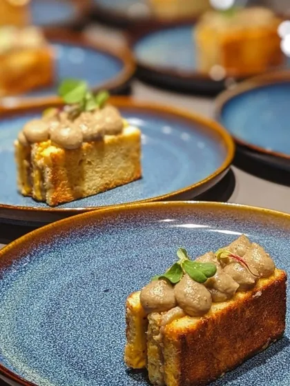 Indulge in layers of flavor with our mille-feuilles featuring sunchoke purée, Espelette butter, and brioche. This is a sophisticated appetizer for any gourmet dining experience.
