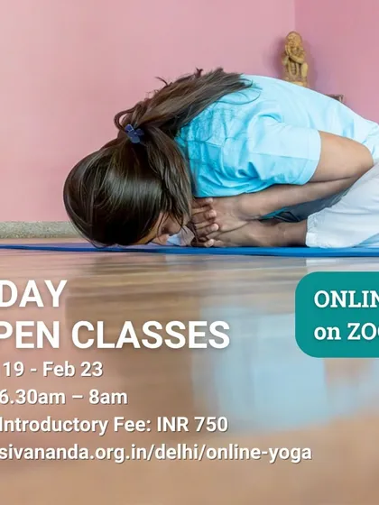 We offer our signature Open Class live online for those who prefer to practice from home. This image shows a student in Matsyasana (Fish Pose), a posture that is part of our standard sequence.
