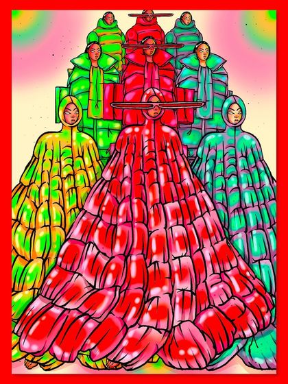 The final frame of the 'Puffer Army' piece, with the characters bundled in their vibrant, voluminous coats.