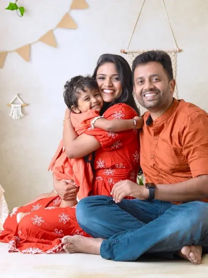 Laughter, hugs, and endless love in our cozy boho setup. The warm, earthy tones and textures create a perfect setting for candid family moments.