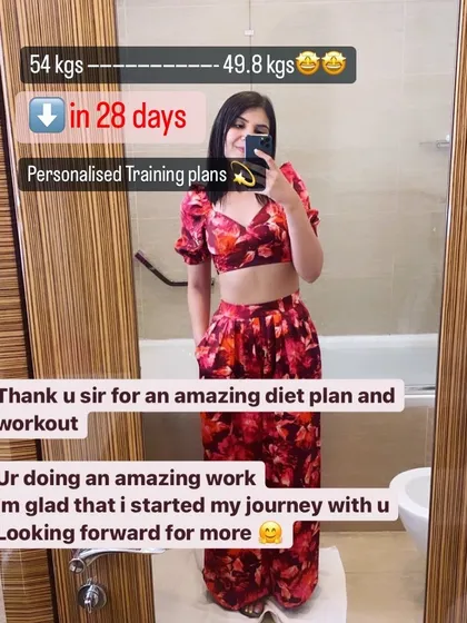 From 54 kgs to 49.8 kgs in 28 days. This client is thrilled with her amazing diet plan and personalized training, and is looking forward to even more progress.