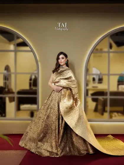 A pre-wedding shoot is also about celebrating you. This is a grand bridal portrait, where the bride is framed by beautiful architecture. The golden light and her magnificent lehenga come together to create a truly regal and timeless image.