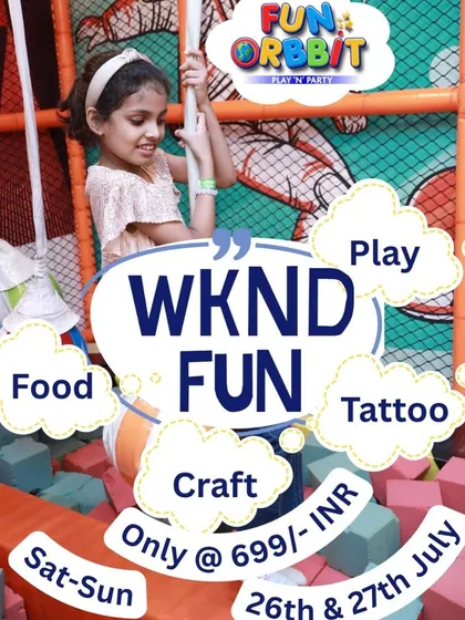 We love making weekends extra special. This graphic shows one of our popular weekend fun packages, which includes playtime, food, and fun activities like tattoo art and crafts, all for a great price.