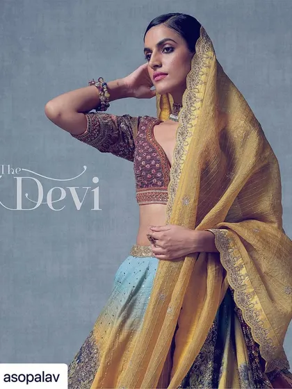 For the 'The Devi' look from the same Asopalav campaign, I styled a Banaras-inspired lehenga with a traditional jardoshi blouse and a flowing yellow dupatta. This interpretation presents a serene, classic, and regal bridal look.