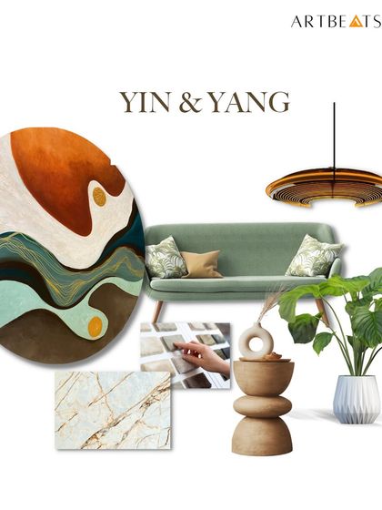 This mood board shows how I conceptualize art for a living space. The 'Yin & Yang' artwork becomes the centerpiece, its organic forms and balanced colors inspiring the room's palette of soft greens, natural wood, and earthy textures.