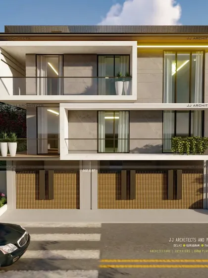 A design for a high-end duplex, featuring clean, boxy frames that create distinct visual modules for each floor.