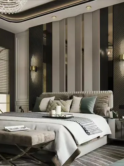 Experience true luxury with this master bedroom concept. We used a sophisticated palette, dramatic vertical paneling with mirrored accents, and layered lighting from a statement chandelier to create a space that feels both grand and deeply relaxing.